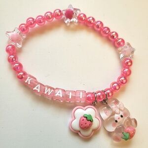 Handmade Beaded Pink Strawberry Kawaii bunny bracelet